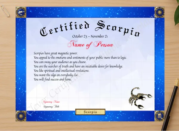 Professional preview of Certified Scorpio Award certificate on high-quality stationery paper, ideal for showcasing the final look.