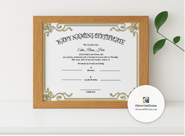 Realistic mockup featuring New Hampshire Baby Naming Certificate displayed within a modern frame, set against a minimalistic background.
