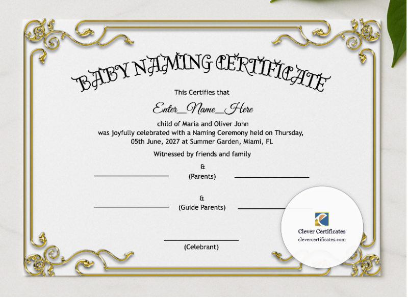 New Hampshire Baby Naming Certificate presented in a sleek wooden frame, elegantly arranged on a stylish table.