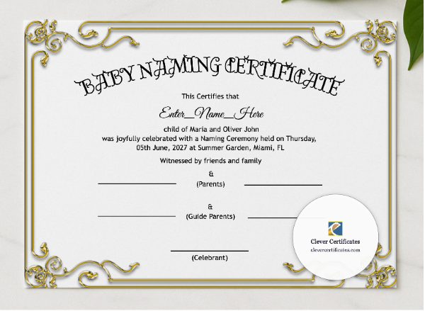 New Hampshire Baby Naming Certificate presented in a sleek wooden frame, elegantly arranged on a stylish table.