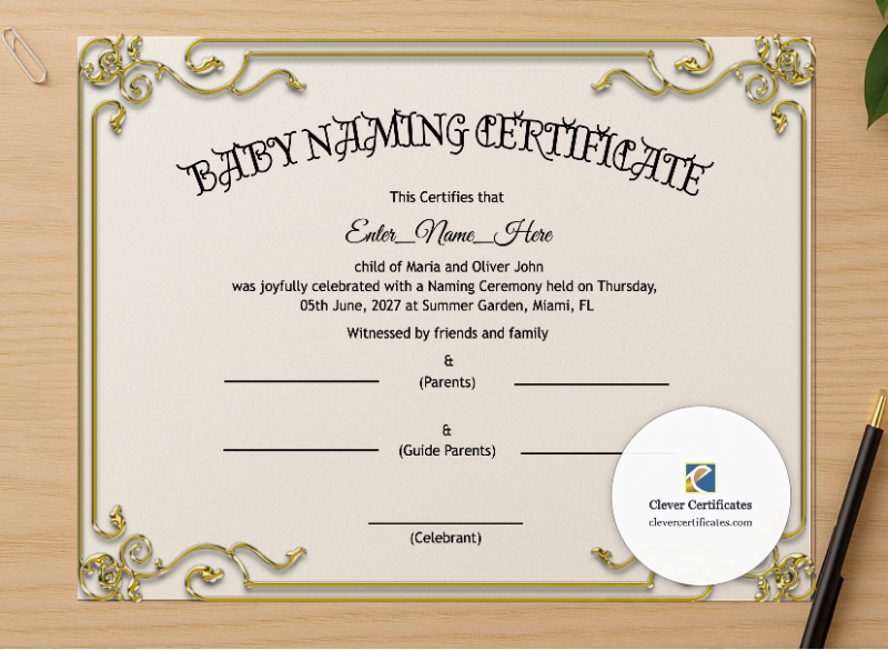 Professional preview of New Hampshire Baby Naming Certificate certificate on high-quality stationery paper, ideal for showcasing the final look.