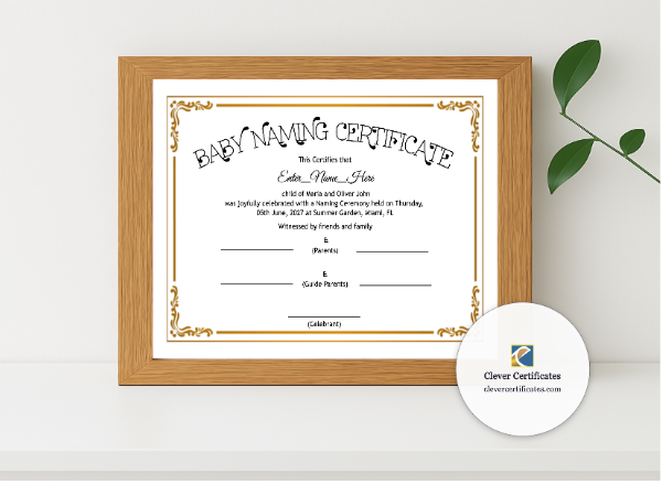 Realistic mockup featuring Maine Baby Naming Certificate displayed within a modern frame, set against a minimalistic background.