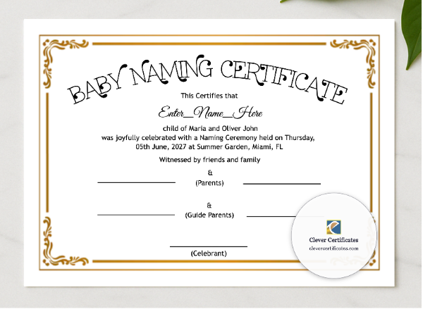 Maine Baby Naming Certificate presented in a sleek wooden frame, elegantly arranged on a stylish table.