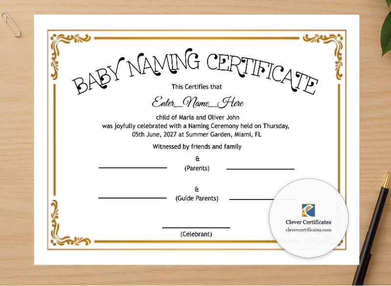 Professional preview of Maine Baby Naming Certificate certificate on high-quality stationery paper, ideal for showcasing the final look.
