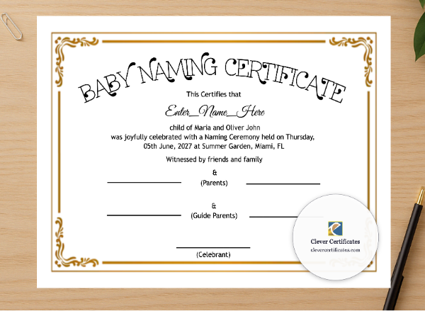 Professional preview of Maine Baby Naming Certificate certificate on high-quality stationery paper, ideal for showcasing the final look.