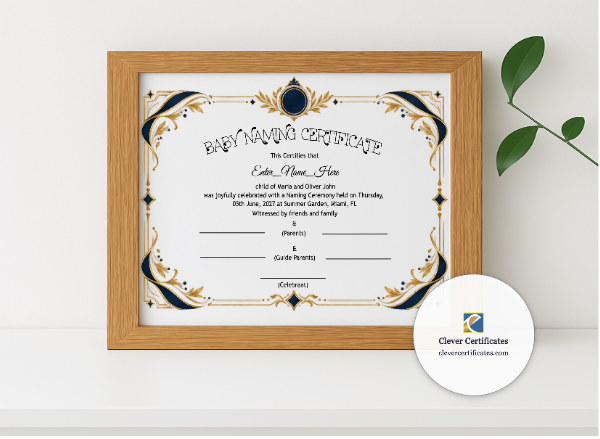 Realistic mockup featuring Rhode Island Baby Naming Certificate displayed within a modern frame, set against a minimalistic background.