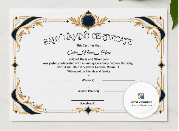 Rhode Island Baby Naming Certificate presented in a sleek wooden frame, elegantly arranged on a stylish table.