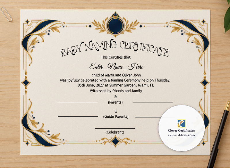 Professional preview of Rhode Island Baby Naming Certificate certificate on high-quality stationery paper, ideal for showcasing the final look.