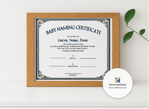Realistic mockup featuring Delaware Baby Naming Certificate displayed within a modern frame, set against a minimalistic background.