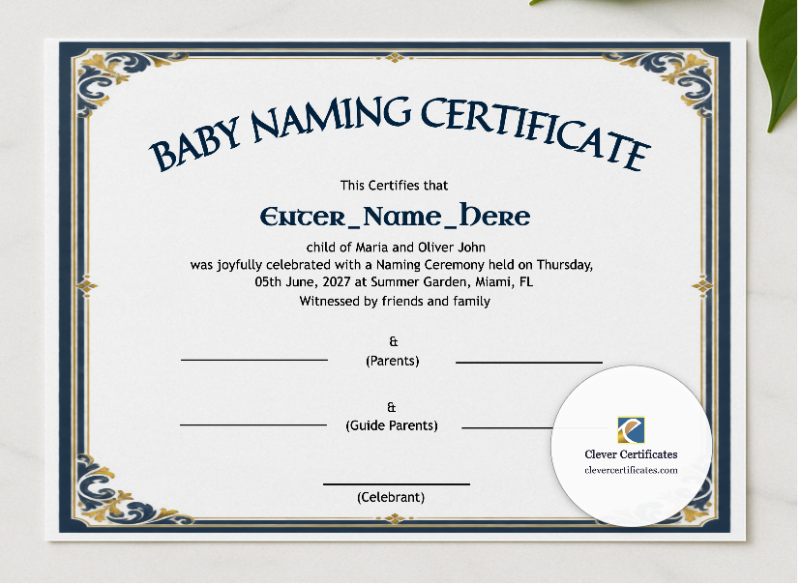 Delaware Baby Naming Certificate presented in a sleek wooden frame, elegantly arranged on a stylish table.