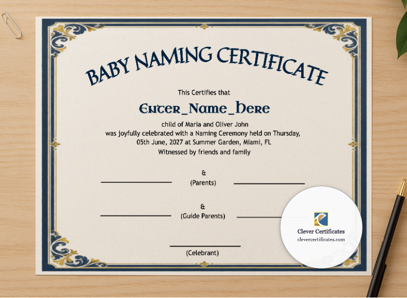 Professional preview of Delaware Baby Naming Certificate certificate on high-quality stationery paper, ideal for showcasing the final look.