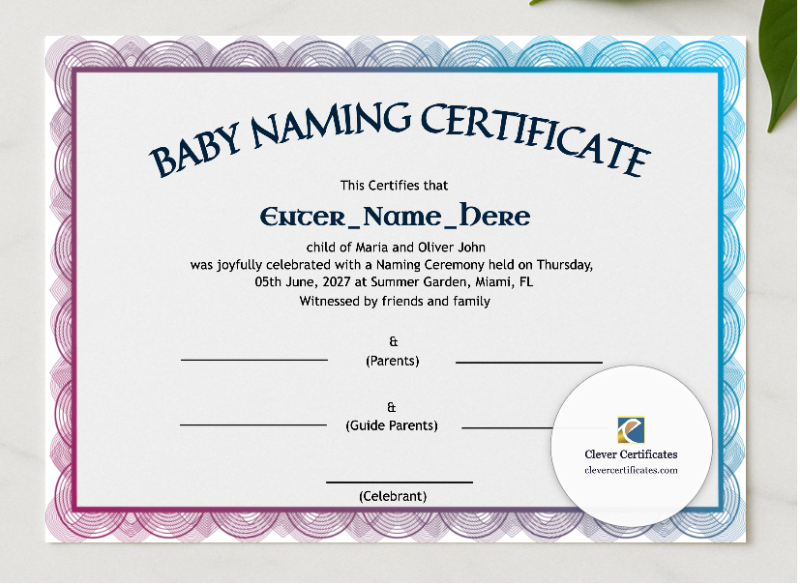 South Dakota Baby Naming Certificate presented in a sleek wooden frame, elegantly arranged on a stylish table.