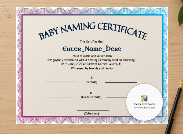 Professional preview of South Dakota Baby Naming Certificate certificate on high-quality stationery paper, ideal for showcasing the final look.