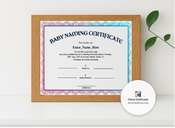 Realistic mockup featuring North Dakota Baby Naming Certificate  displayed within a modern frame, set against a minimalistic background.