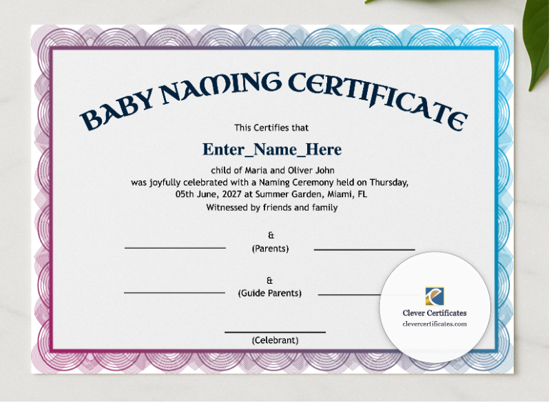 North Dakota Baby Naming Certificate  presented in a sleek wooden frame, elegantly arranged on a stylish table.