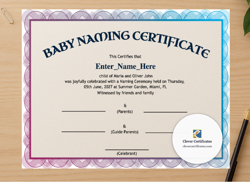 Professional preview of North Dakota Baby Naming Certificate  certificate on high-quality stationery paper, ideal for showcasing the final look.