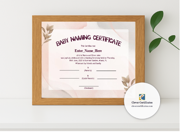 Realistic mockup featuring Alaska Baby Naming Certificate displayed within a modern frame, set against a minimalistic background.