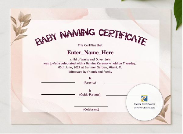 Alaska Baby Naming Certificate presented in a sleek wooden frame, elegantly arranged on a stylish table.