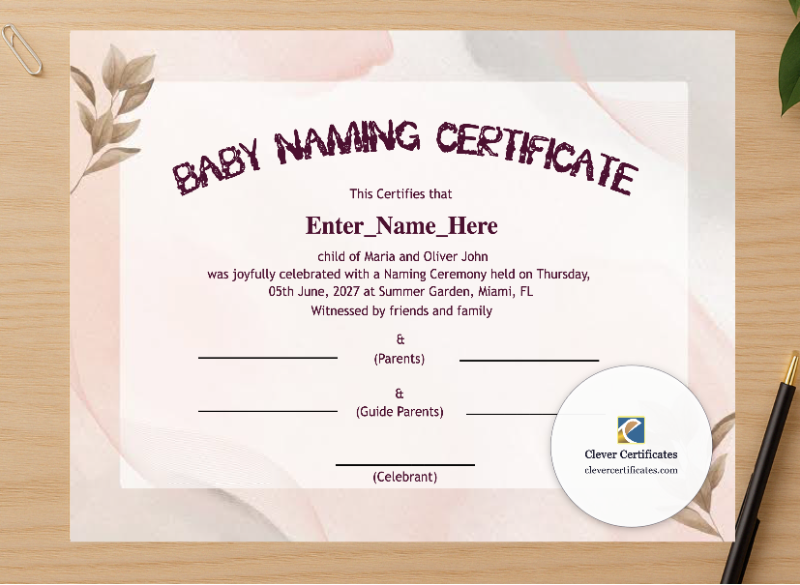 Professional preview of Alaska Baby Naming Certificate certificate on high-quality stationery paper, ideal for showcasing the final look.