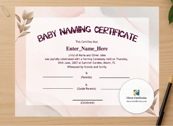Professional preview of Alaska Baby Naming Certificate certificate on high-quality stationery paper, ideal for showcasing the final look.