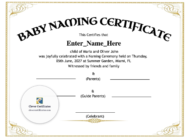 Free Vermont Baby Naming Certificate