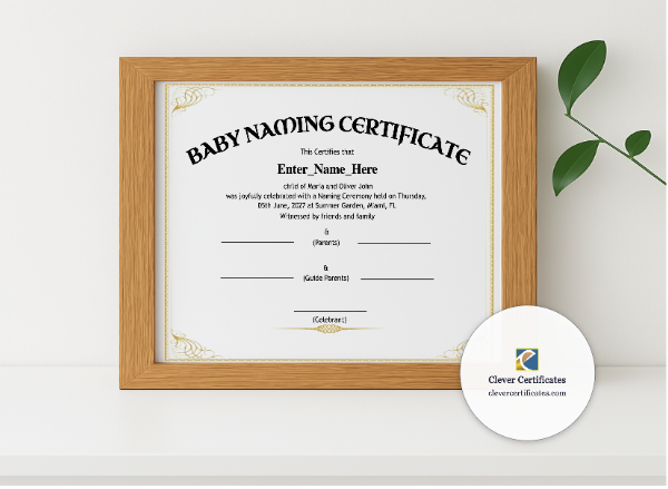 Realistic mockup featuring Vermont Baby Naming Certificate displayed within a modern frame, set against a minimalistic background.
