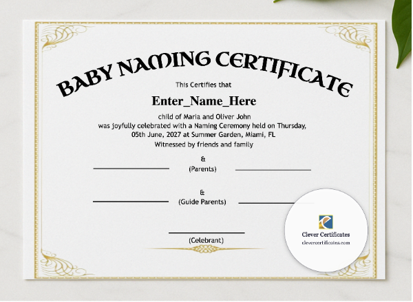 Vermont Baby Naming Certificate presented in a sleek wooden frame, elegantly arranged on a stylish table.