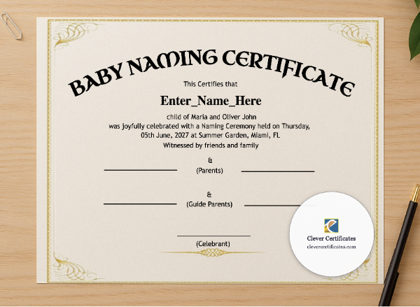 Professional preview of Vermont Baby Naming Certificate certificate on high-quality stationery paper, ideal for showcasing the final look.