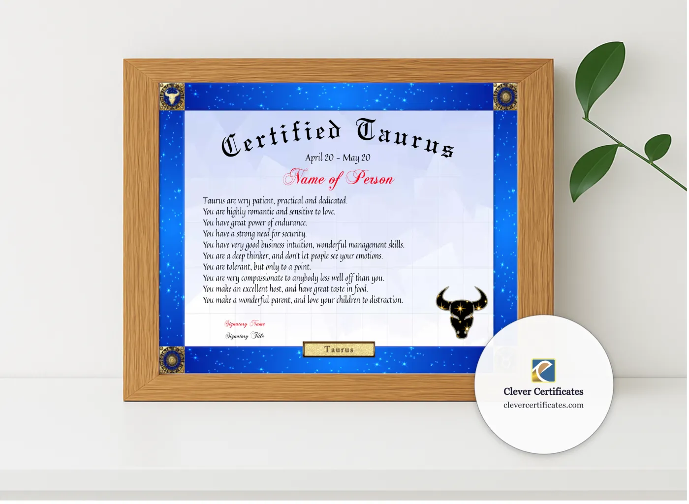 Realistic mockup featuring Certified Taurus Award displayed within a modern frame, set against a minimalistic background.