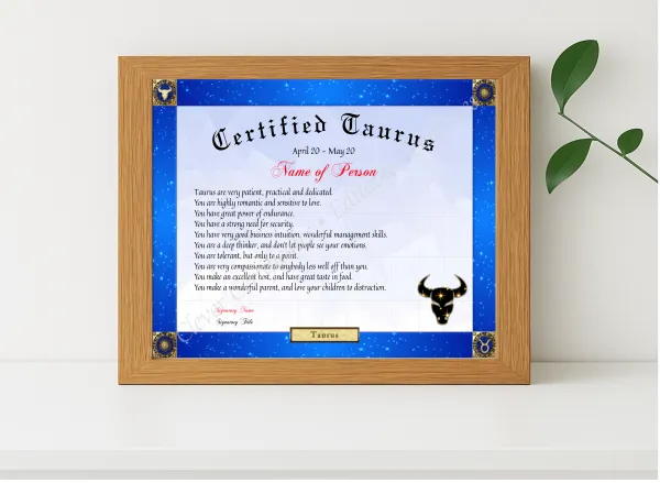 Realistic mockup featuring Certified Taurus Award displayed within a modern frame, set against a minimalistic background.