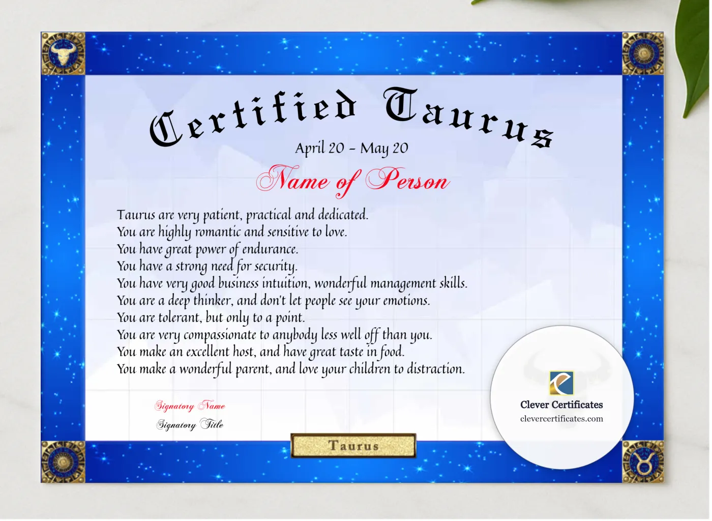 Certified Taurus Award presented in a sleek wooden frame, elegantly arranged on a stylish table.