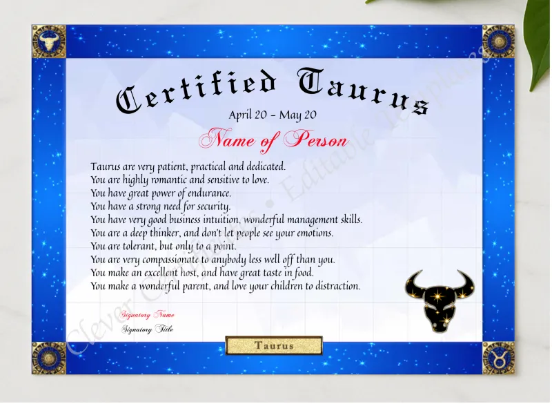 Certified Taurus Award presented in a sleek wooden frame, elegantly arranged on a stylish table.