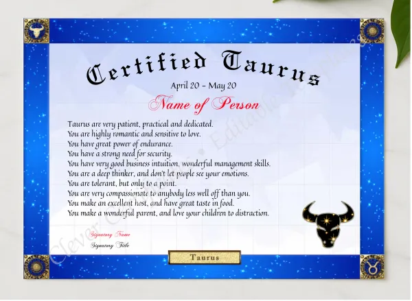 Certified Taurus Award presented in a sleek wooden frame, elegantly arranged on a stylish table.