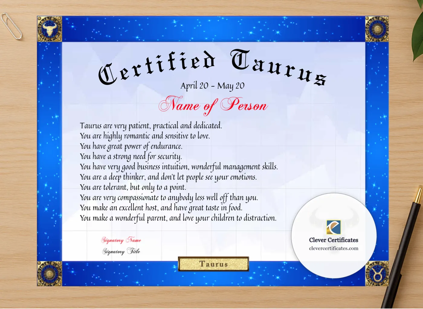Professional preview of Certified Taurus Award certificate on high-quality stationery paper, ideal for showcasing the final look.
