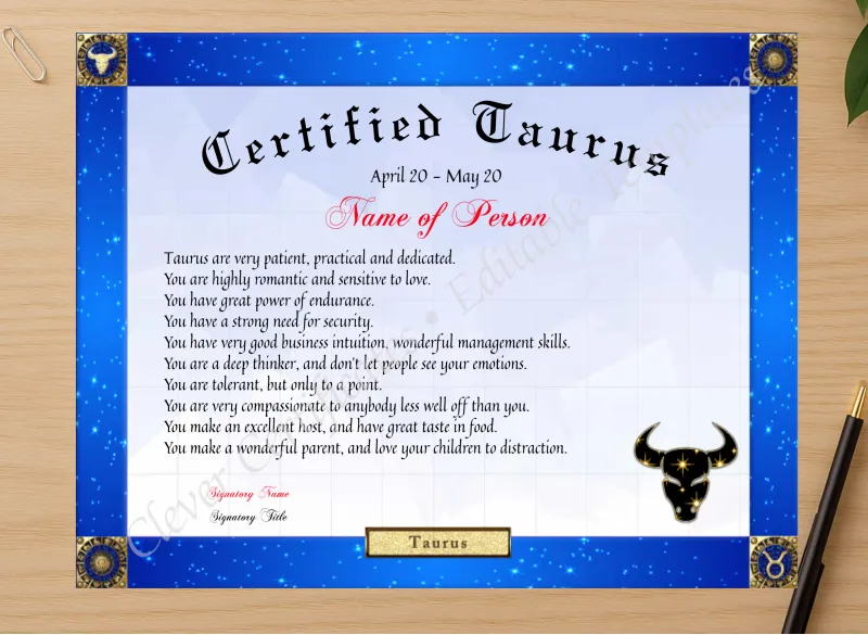 Professional preview of Certified Taurus Award certificate on high-quality stationery paper, ideal for showcasing the final look.
