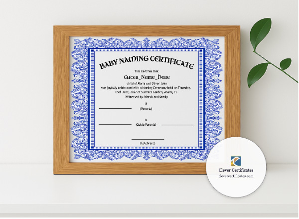 Realistic mockup featuring Wyoming Baby Naming Certificate displayed within a modern frame, set against a minimalistic background.