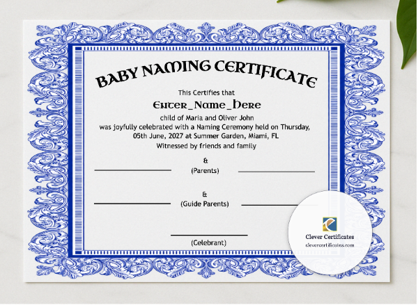Wyoming Baby Naming Certificate presented in a sleek wooden frame, elegantly arranged on a stylish table.