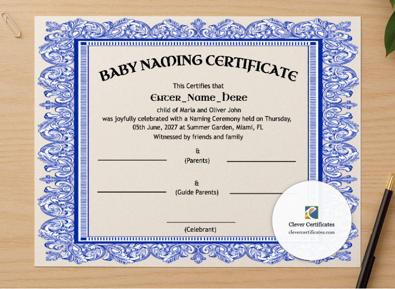 Professional preview of Wyoming Baby Naming Certificate certificate on high-quality stationery paper, ideal for showcasing the final look.