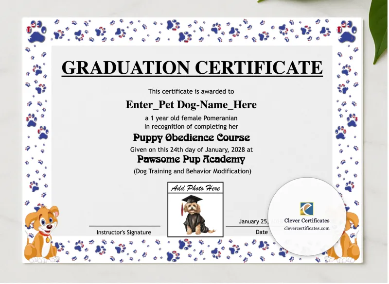 Dog Graduation Certificate Landscape presented in a sleek wooden frame, elegantly arranged on a stylish table.