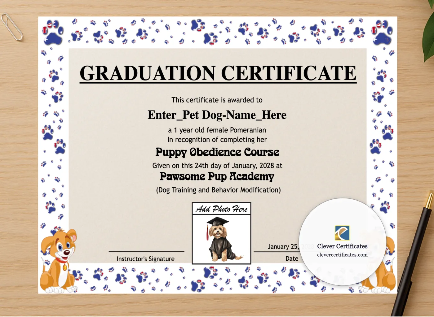 Professional preview of Dog Graduation Certificate Landscape certificate on high-quality stationery paper, ideal for showcasing the final look.