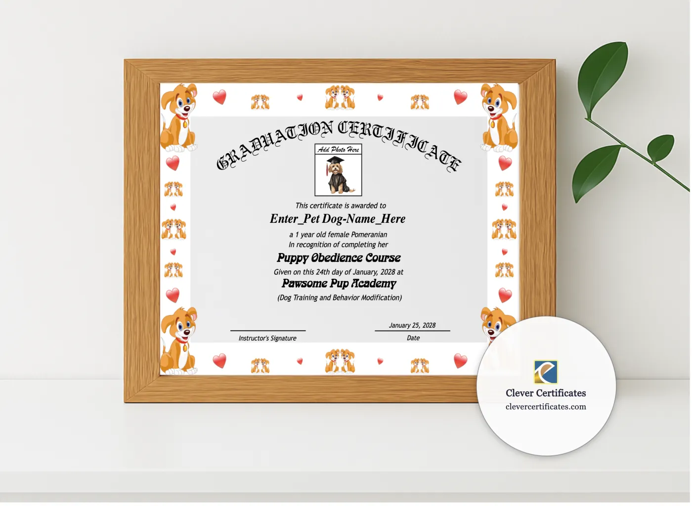 Realistic mockup featuring Puppy Graduation Certificate displayed within a modern frame, set against a minimalistic background.