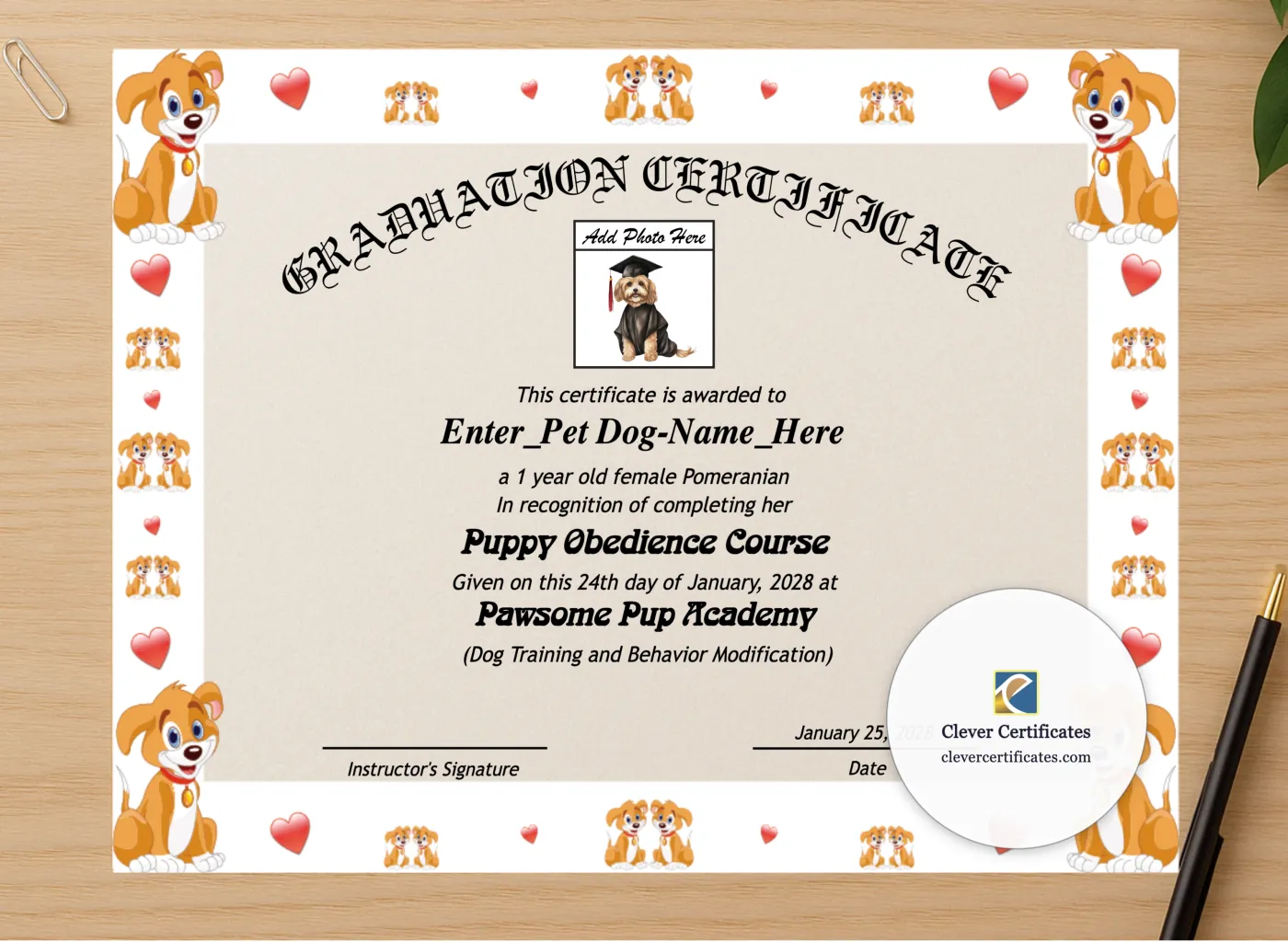 Professional preview of Puppy Graduation Certificate certificate on high-quality stationery paper, ideal for showcasing the final look.