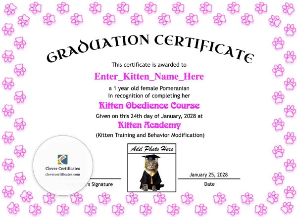 Free Kitten Graduation Certificate Template