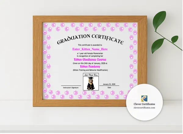 Realistic mockup featuring Kitten Graduation Certificate displayed within a modern frame, set against a minimalistic background.
