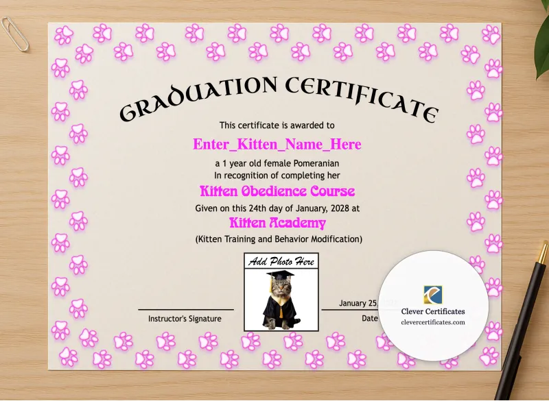Professional preview of Kitten Graduation Certificate certificate on high-quality stationery paper, ideal for showcasing the final look.