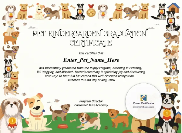 Free Pet Kindergarten Graduation Certificate Template