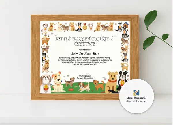 Realistic mockup featuring Pet Kindergarten Graduation Certificate displayed within a modern frame, set against a minimalistic background.