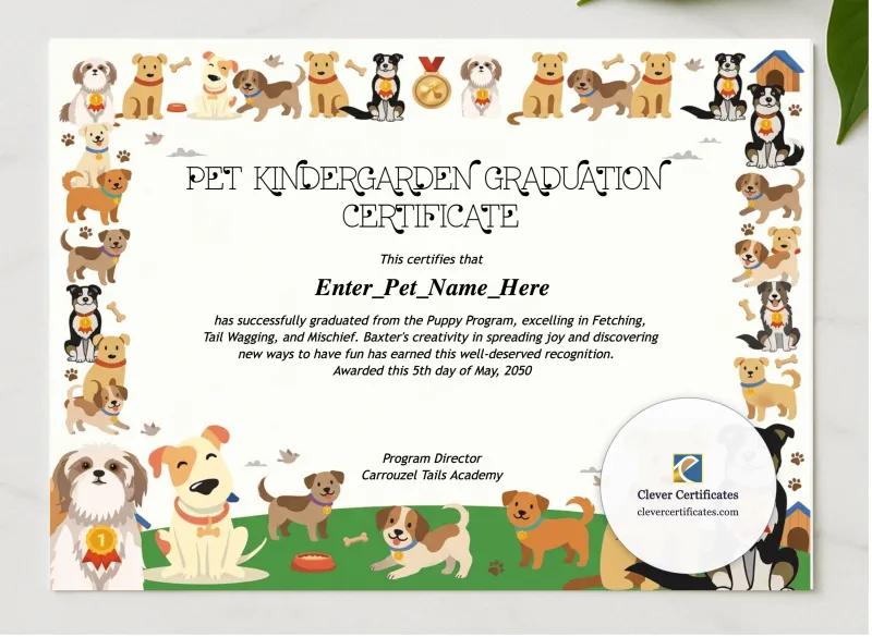 Pet Kindergarten Graduation Certificate presented in a sleek wooden frame, elegantly arranged on a stylish table.