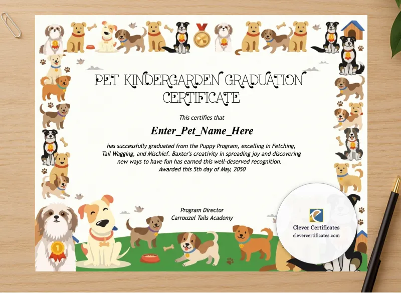 Professional preview of Pet Kindergarten Graduation Certificate certificate on high-quality stationery paper, ideal for showcasing the final look.