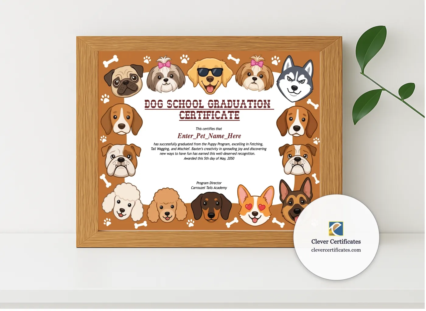 Realistic mockup featuring Dog School Graduation Certificate displayed within a modern frame, set against a minimalistic background.